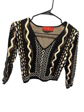 AKIRA Black Sweater with Cream & Mustard Geometric Pattern